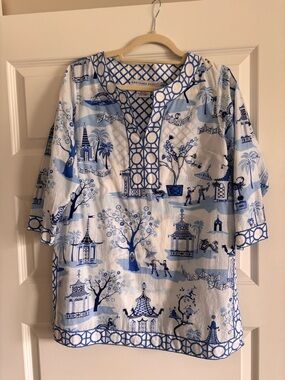 Gretchen Scott Designs Blue and White Chinoiserie Tunic Top